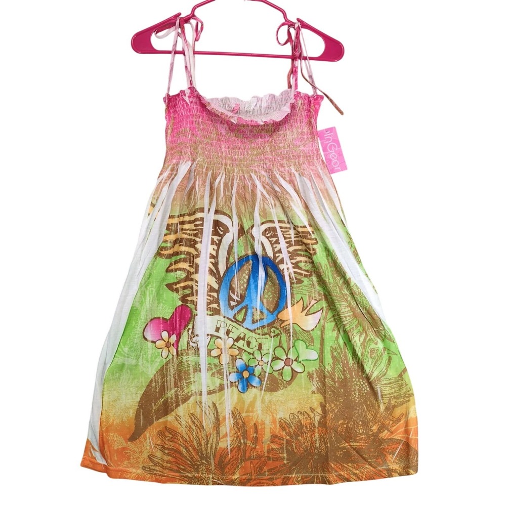 NWT InGear Green Wing Peace Graphic Mini Dress Sz L Smocked Tie Straps Y2K Beach